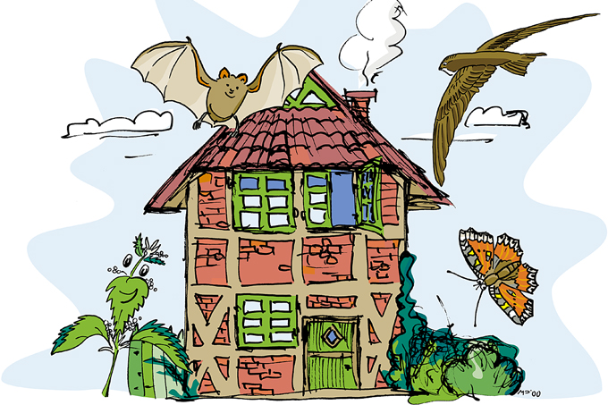 Bei uns könnt ihr Artenvielfalt direkt am und im Haus erleben - Zeichnung: Marco Pahl